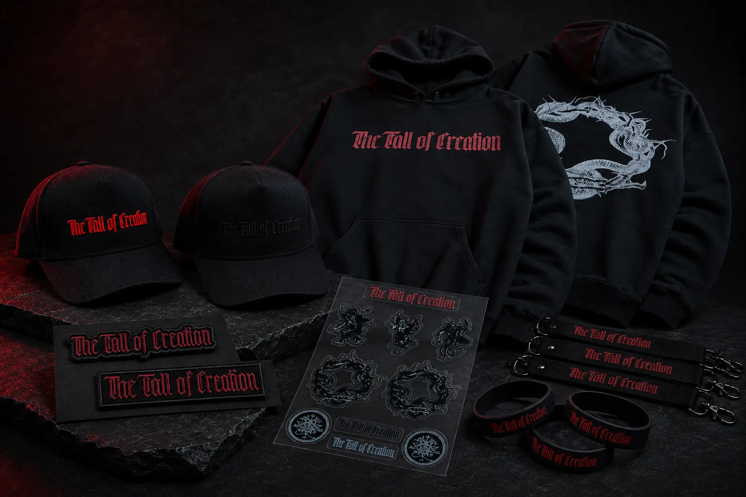 Групповая композиция мерча The Fall of Creation: худи, кепки, патчи, аксессуары