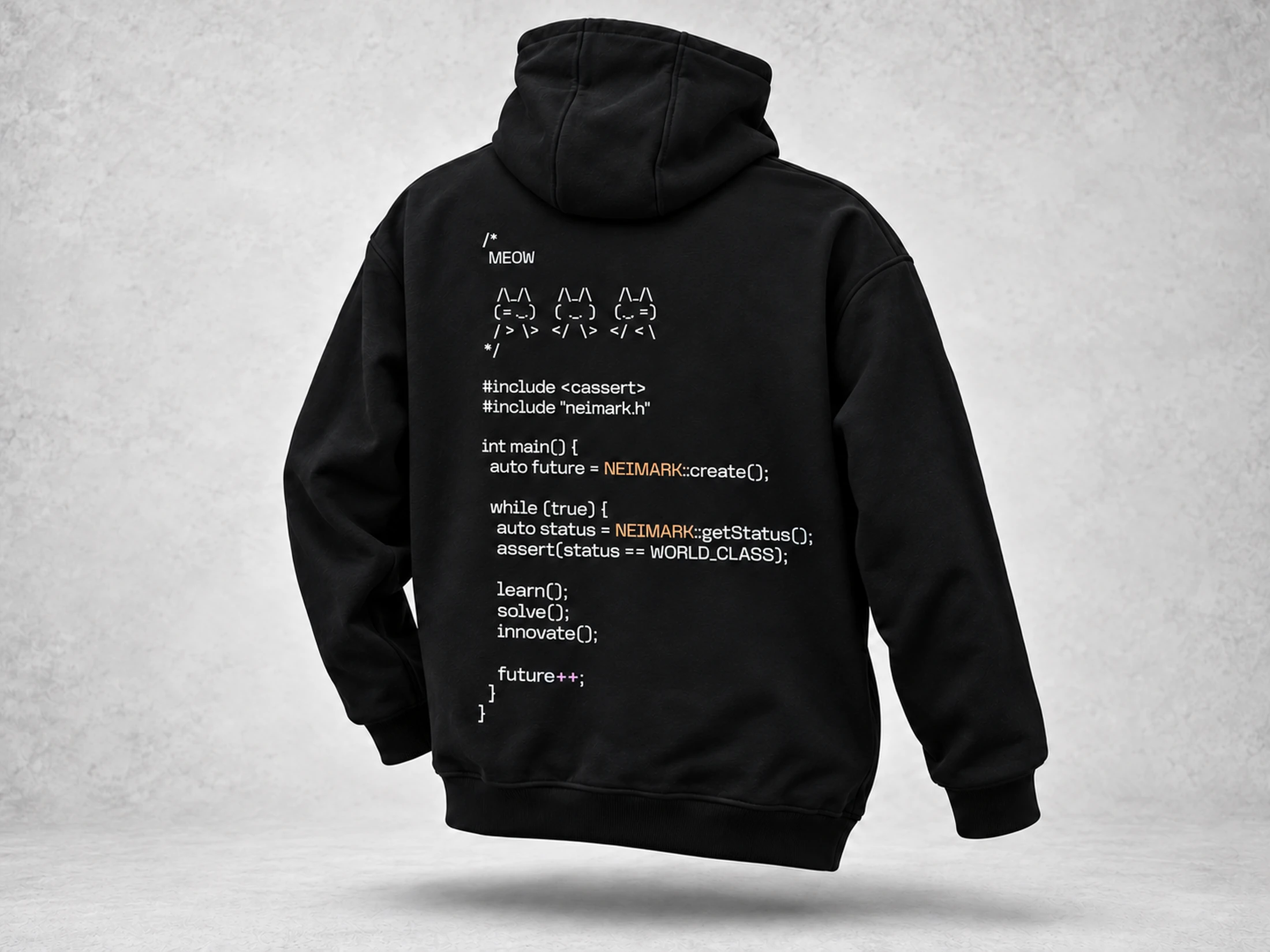 Спина худи НЕЙМАРК с надписью MEOW и ASCII-котами из символов